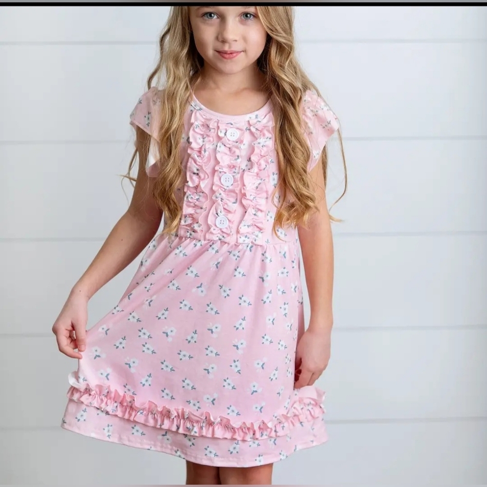 Adorable Sweetness Pink Blush Dainty Flower Button Ruffle Spring Dress Sz 10/12 - Picture 3 of 5